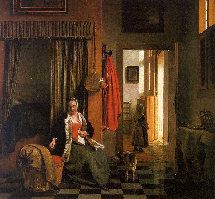 Pieter de Hooch Mother Lacing her Bodice Beside a Cradle Norge oil painting art